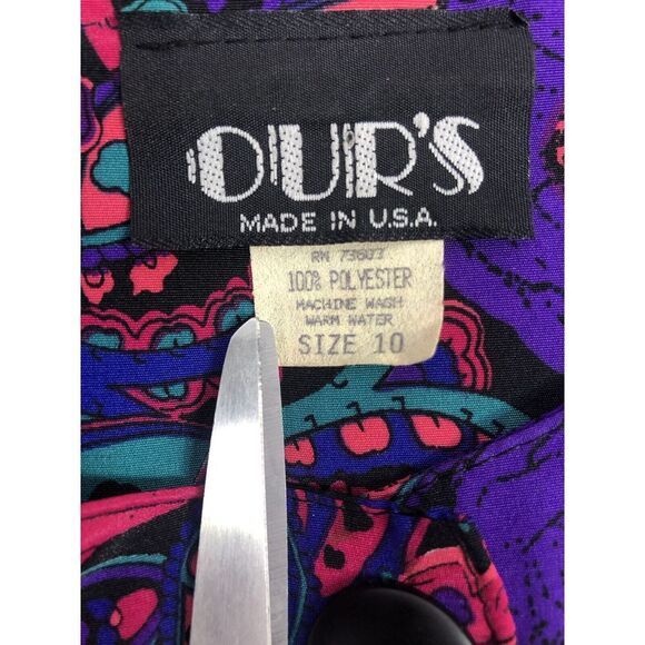 vtg 80's Our's multicolor purpuple pink button front shift dress sz 10 - Picture 6 of 7